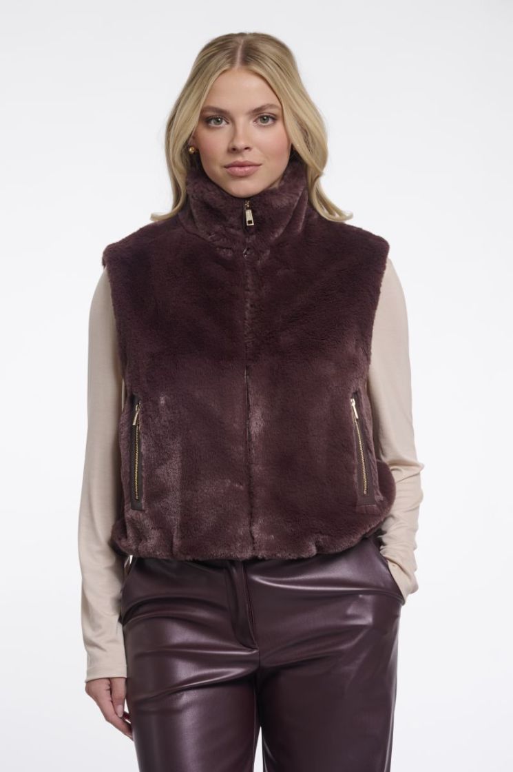 Short faux fur waistcoat Chocolate bean