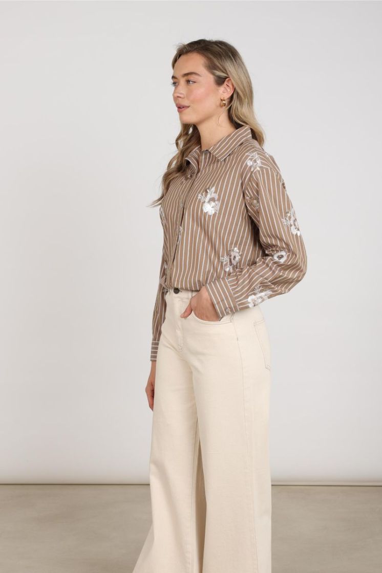 NEWPORT BLOUSE STRIPE FLOWER 340 Taupe/Offwh