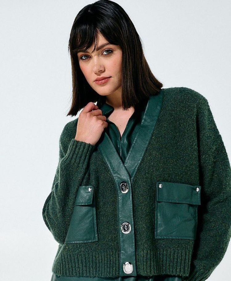 Korte cardigan met vegan leather details 61 Green