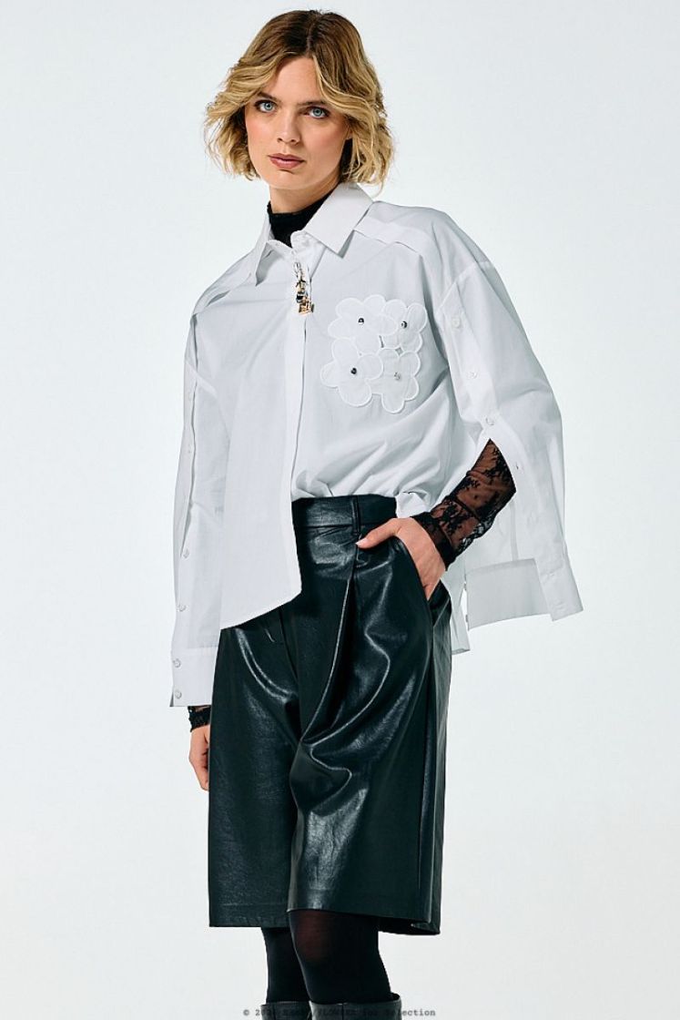 Hemdblouse in katoen met broderie en mouweffect 90 White