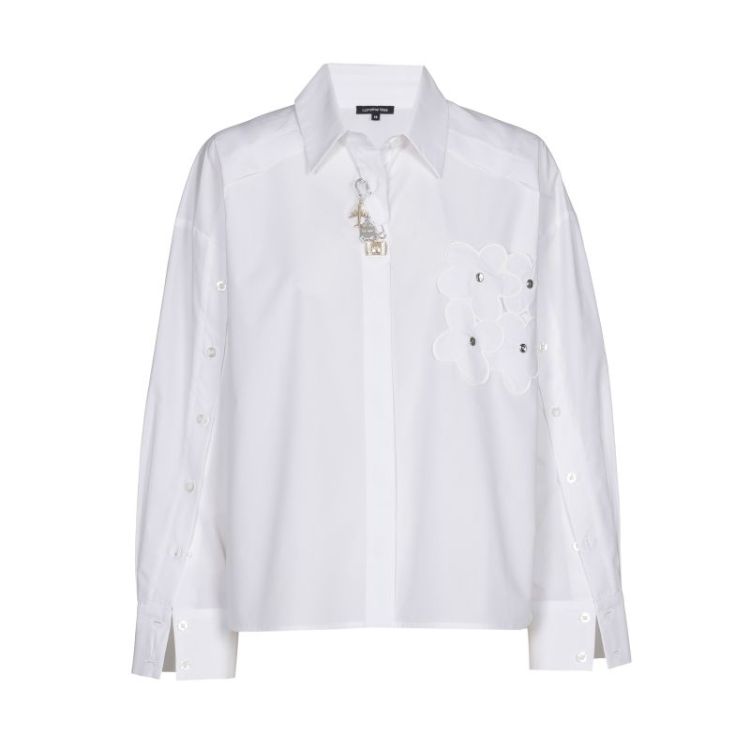 Hemdblouse in katoen met broderie en mouweffect 90 White